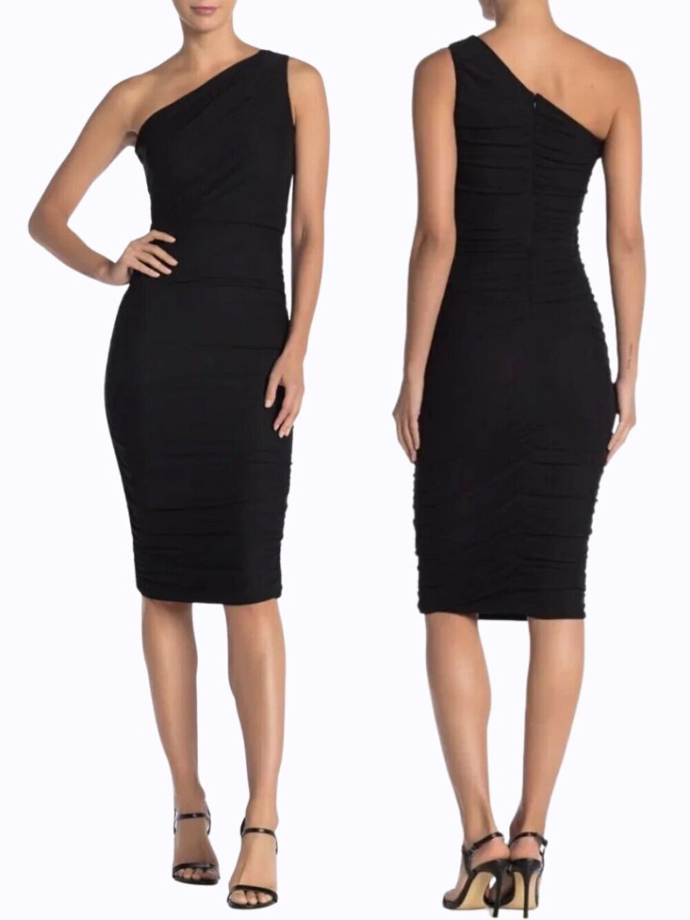Love By Design One Shoulder Mesh Ruched Bodycon Midi Dress Women's Medium Black